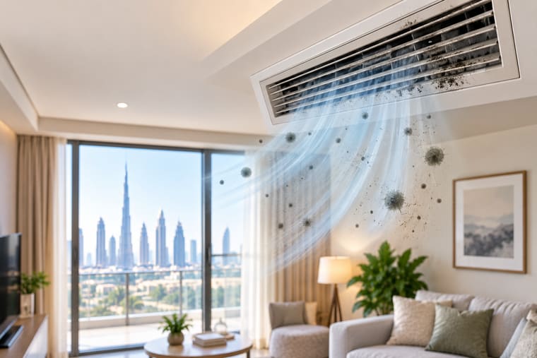 Air blowing from a ceiling AC vent into a Dubai living room