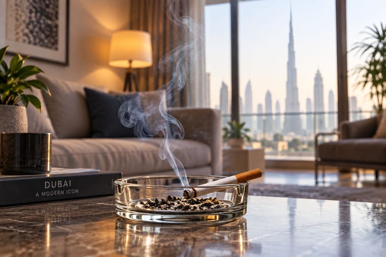A lit cigarette and ashtray on a table in a Dubai apartment with the skyline behind