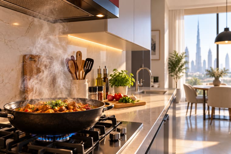 Cooking steam and aromas in an open-plan Dubai kitchen