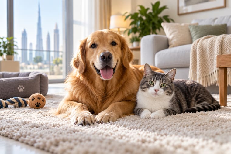 A pet resting on soft furnishings in a Dubai living room